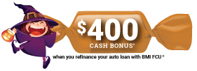 Animated witch next to an orange candy wrapper that says $400 Cash Bonus when you refinance your auto loan with BMI FCU