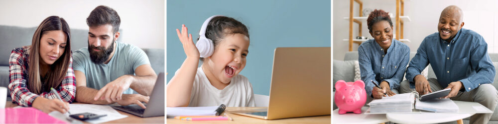 young couple doing finances at computer, young child learning online, middle-age couple doing finances with calculator