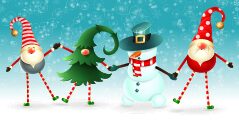 Santa claus, christmas tree, snowman, and santa claus animated figures holding hands 