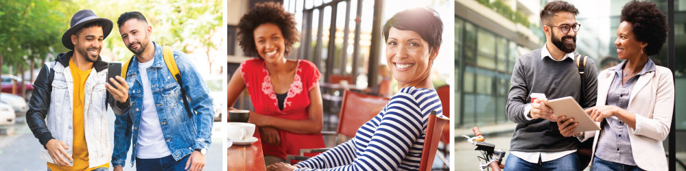 two young men looking at a cell phone, two women at a coffee table together, man and a woman with …