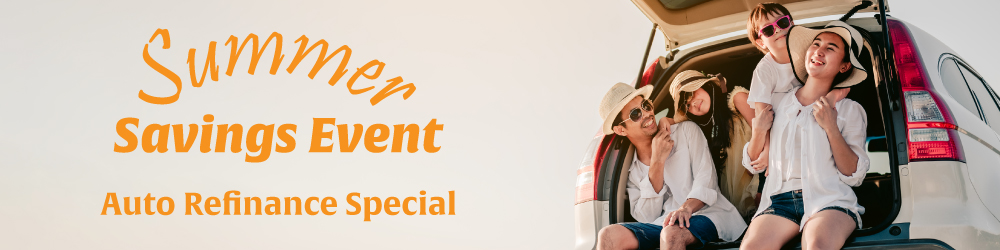 Family sitting in back of car "Summer Savings Event Auto Refinance Special"