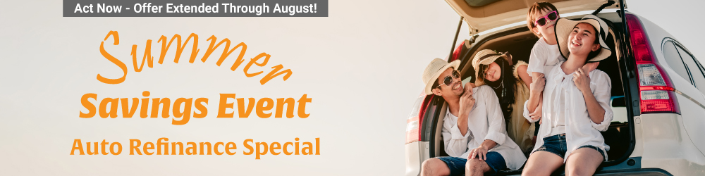 Family sitting in back of car "Summer Savings Event Auto Refinance Special"