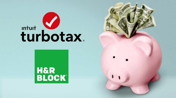Turbotax and H&R Block logos with a piggy bank with money sticking out of it