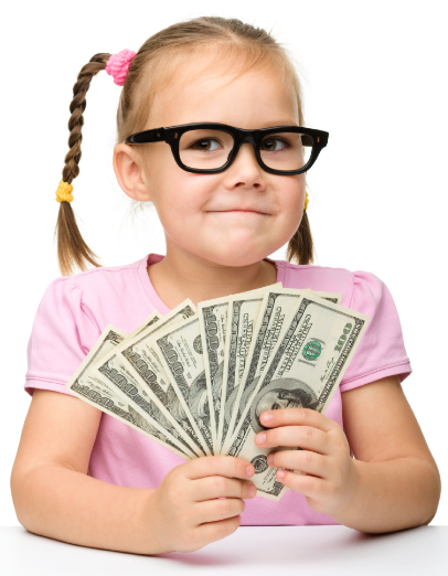 little girl holding money smiling