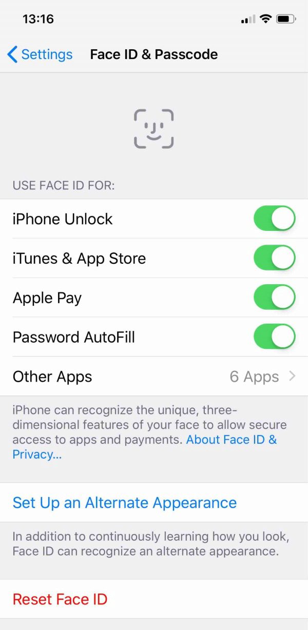 screenshot of iphone face ID