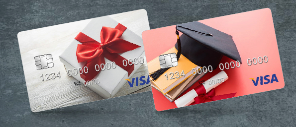 visa gift cards with graduation hat image and box with bow
