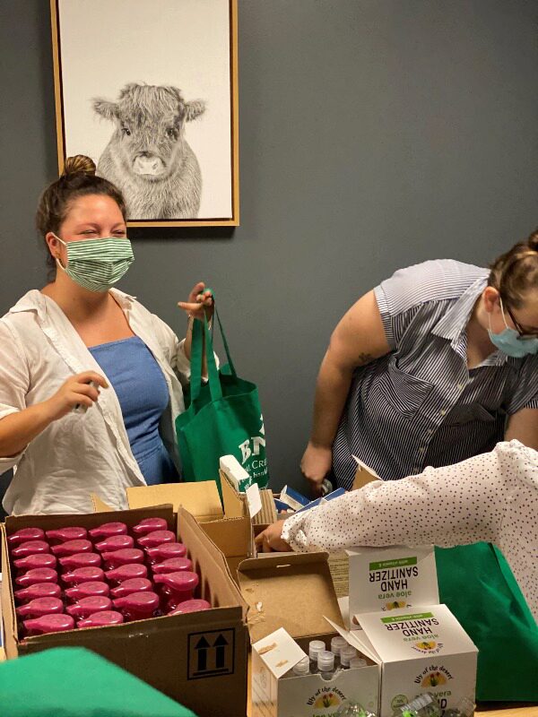 volunteers filling donation bags